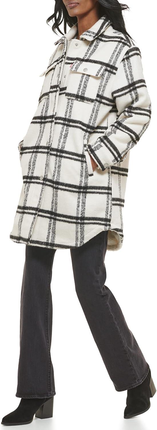 imageLevis Womens Wool Blend Sherpa Lined Long Shacket Standard ampamp Plus SizesBlackWhite Window Plaid
