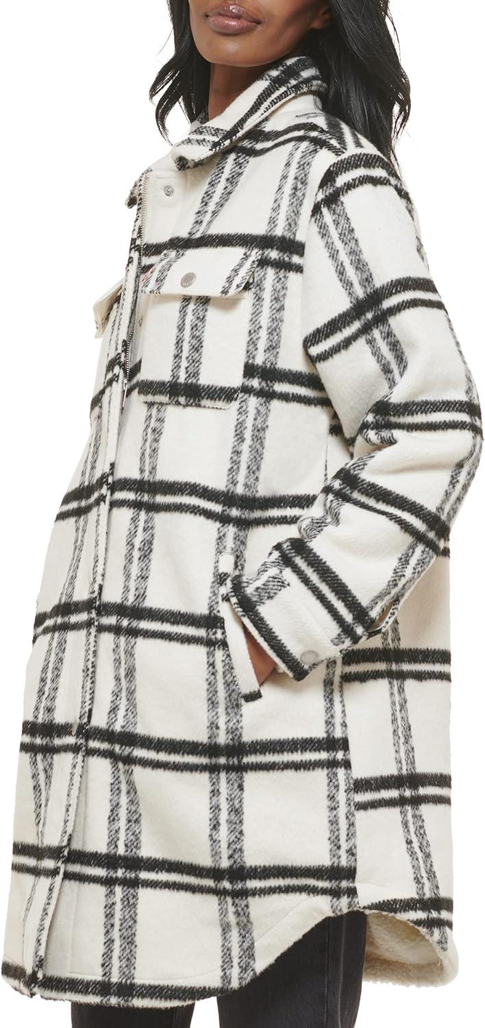 imageLevis Womens Wool Blend Sherpa Lined Long Shacket Standard ampamp Plus SizesBlackWhite Window Plaid