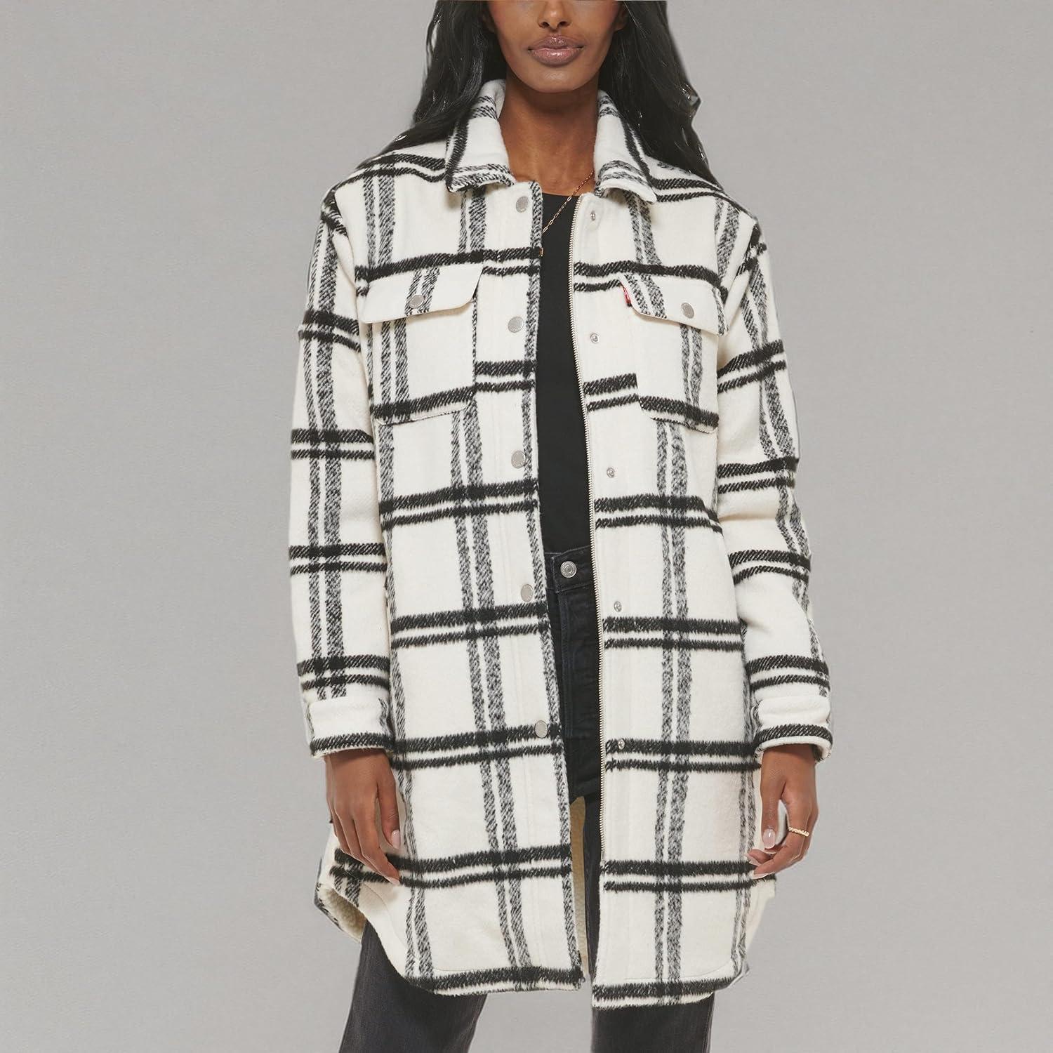 imageLevis Womens Wool Blend Sherpa Lined Long Shacket Standard ampamp Plus SizesBlackWhite Window Plaid