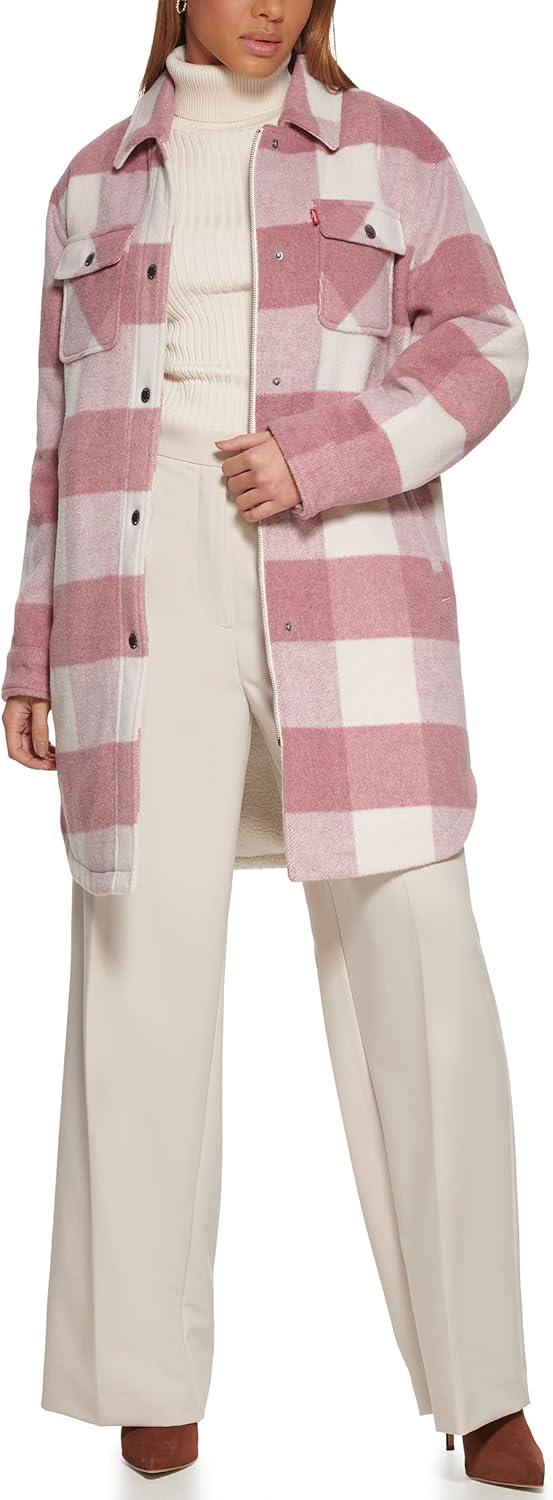 imageLevis Womens Wool Blend Sherpa Lined Long Shacket Standard ampamp Plus SizesMauve Plaid