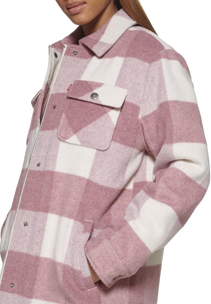 imageLevis Womens Wool Blend Sherpa Lined Long Shacket Standard ampamp Plus SizesMauve Plaid