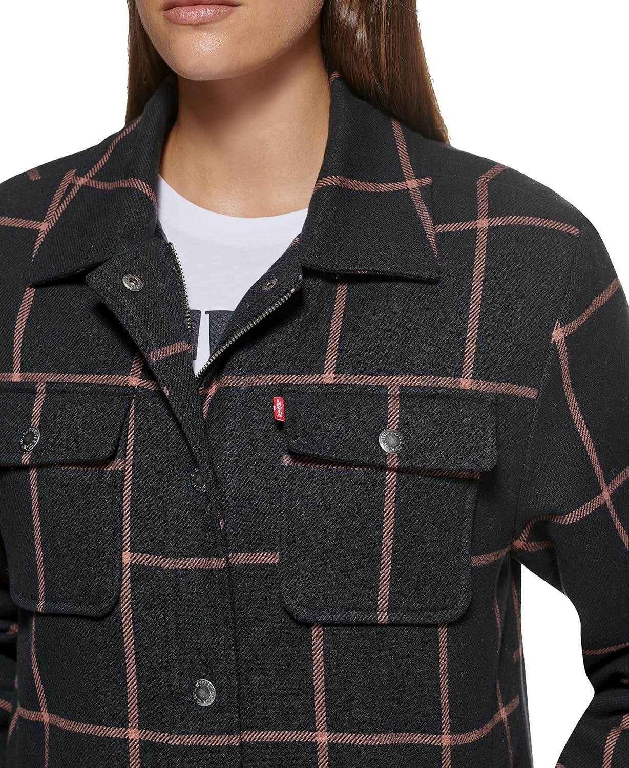 imageLevis Womens Wool Blend Sherpa Lined Long Shacket Standard ampamp Plus SizesNavyPeach Window Plaid