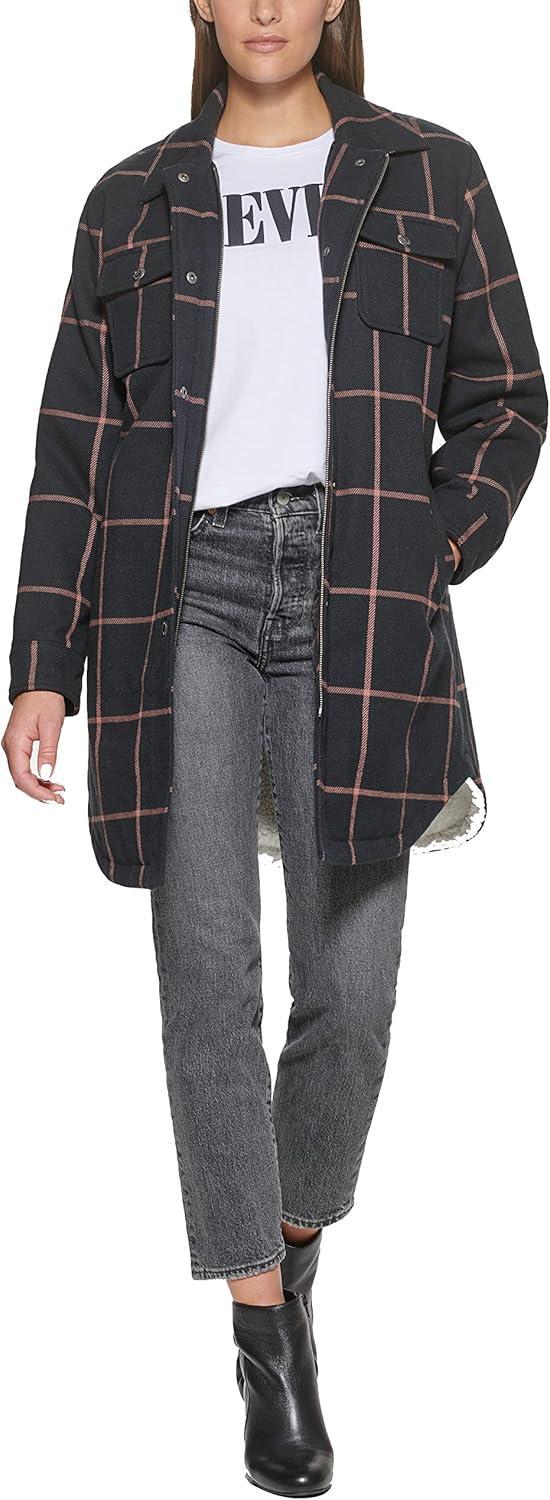imageLevis Womens Wool Blend Sherpa Lined Long Shacket Standard ampamp Plus SizesNavyPeach Window Plaid