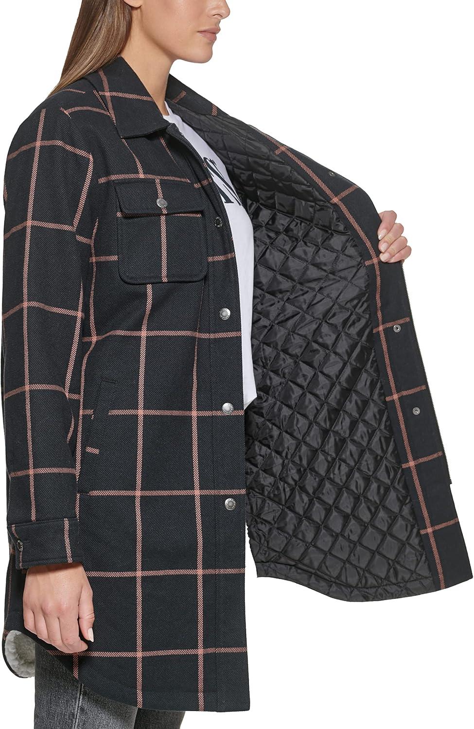 imageLevis Womens Wool Blend Sherpa Lined Long Shacket Standard ampamp Plus SizesNavyPeach Window Plaid