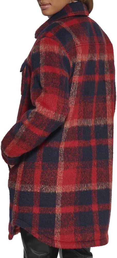 imageLevis Womens Wool Blend Sherpa Lined Long Shacket Standard ampamp Plus SizesNavyRed Plaid