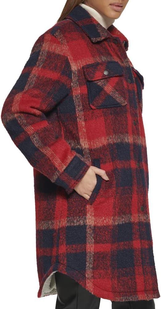 imageLevis Womens Wool Blend Sherpa Lined Long Shacket Standard ampamp Plus SizesNavyRed Plaid