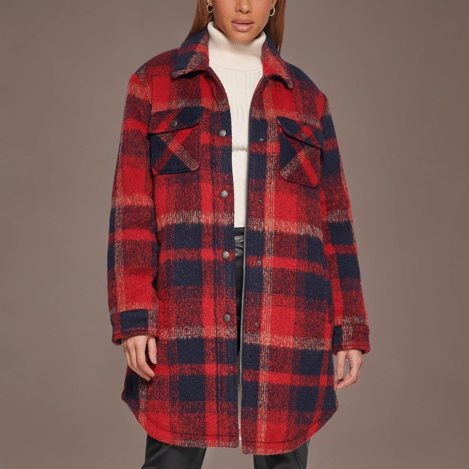 imageLevis Womens Wool Blend Sherpa Lined Long Shacket Standard ampamp Plus SizesNavyRed Plaid