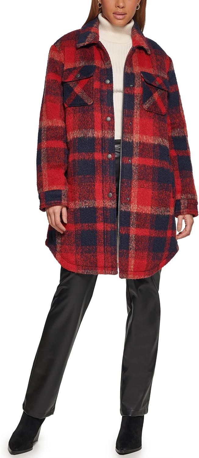 imageLevis Womens Wool Blend Sherpa Lined Long Shacket Standard ampamp Plus SizesNavyRed Plaid