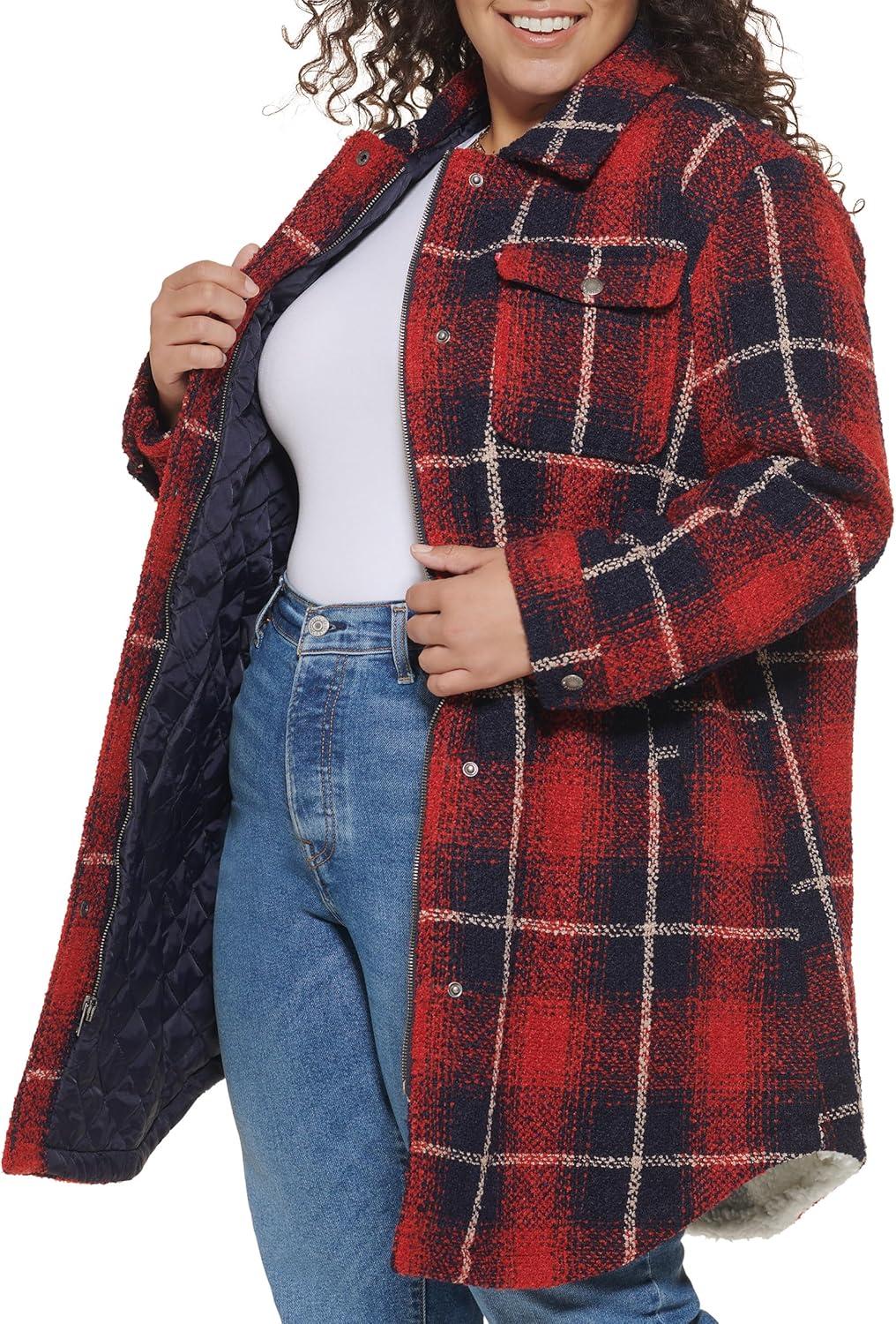 imageLevis Womens Wool Blend Sherpa Lined Long Shacket Standard ampamp Plus SizesNavyRedOatmeal