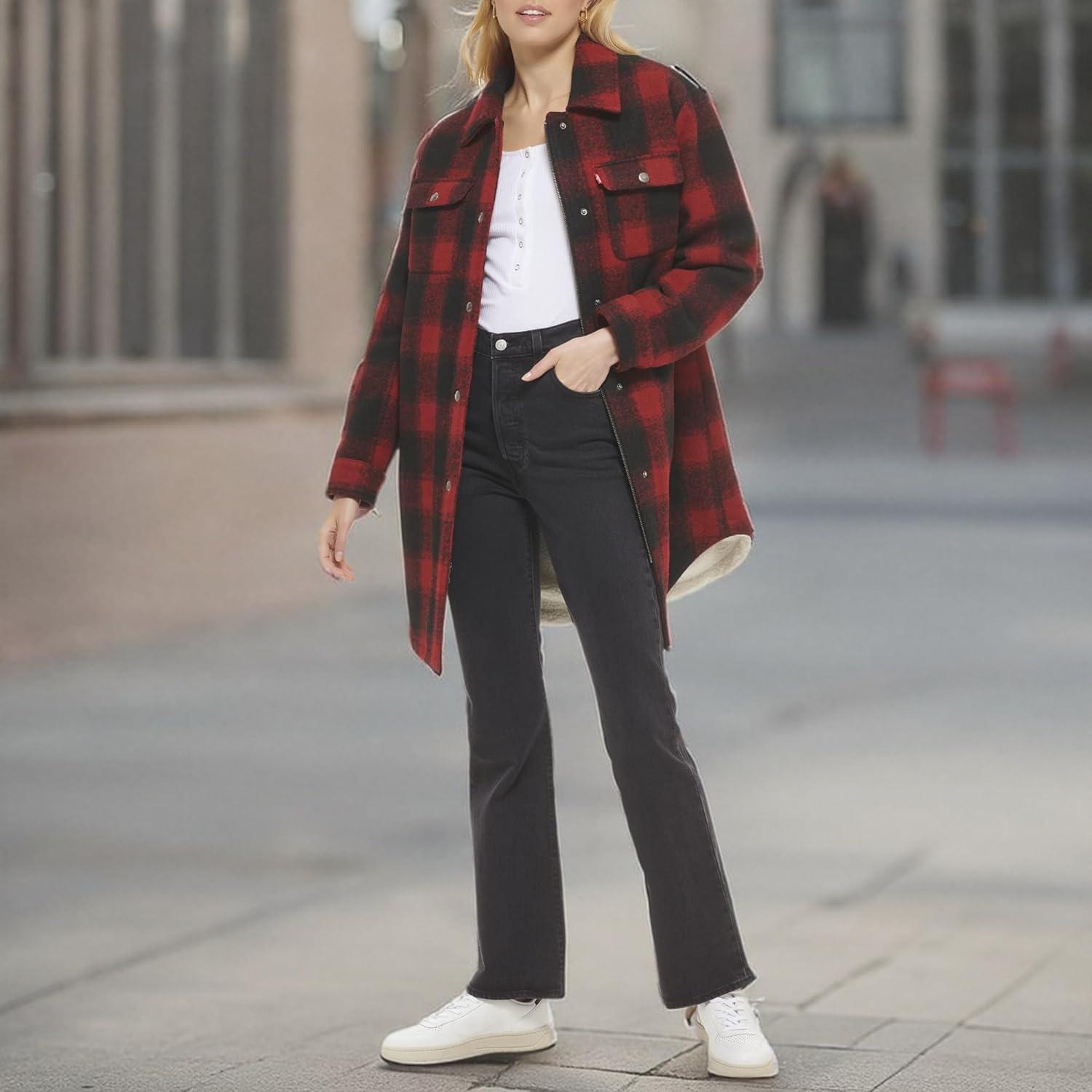imageLevis Womens Wool Blend Sherpa Lined Long Shacket Standard ampamp Plus SizesRedBlack Plaid