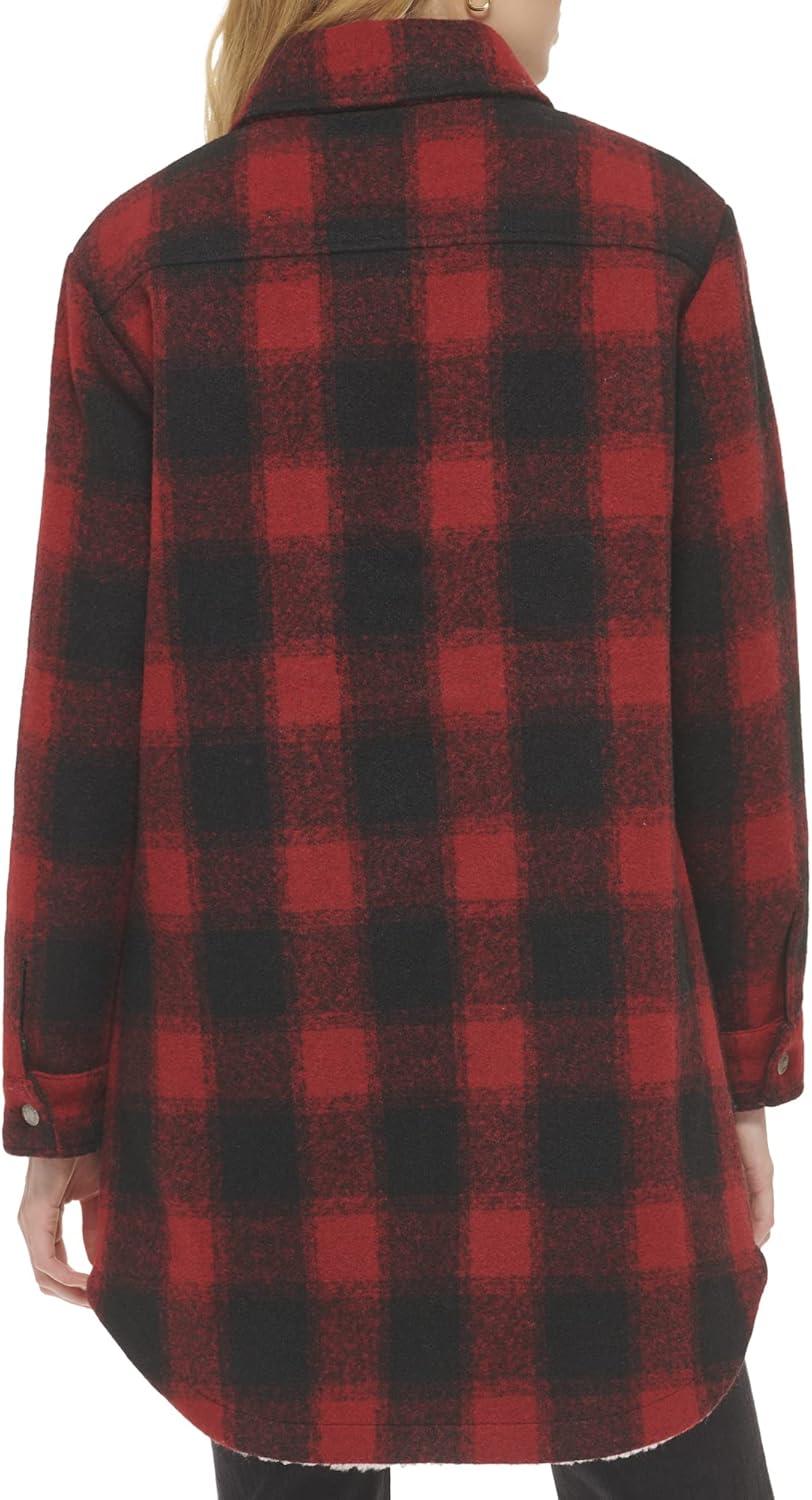 imageLevis Womens Wool Blend Sherpa Lined Long Shacket Standard ampamp Plus SizesRedBlack Plaid