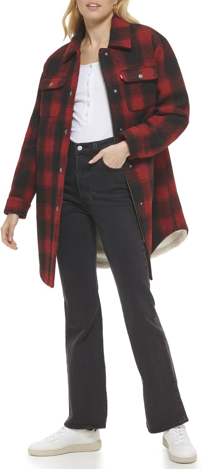 imageLevis Womens Wool Blend Sherpa Lined Long Shacket Standard ampamp Plus SizesRedBlack Plaid