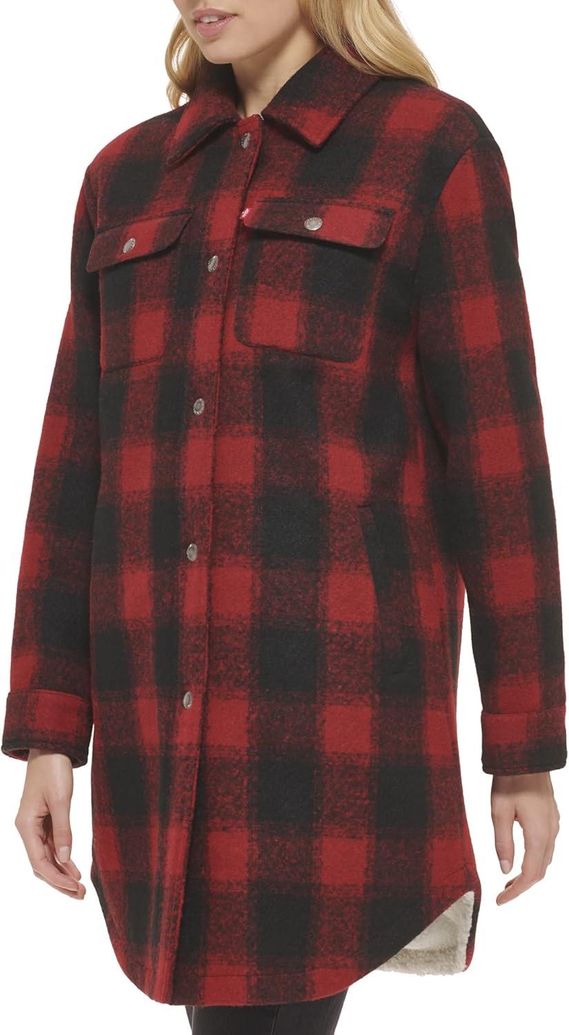 imageLevis Womens Wool Blend Sherpa Lined Long Shacket Standard ampamp Plus SizesRedBlack Plaid