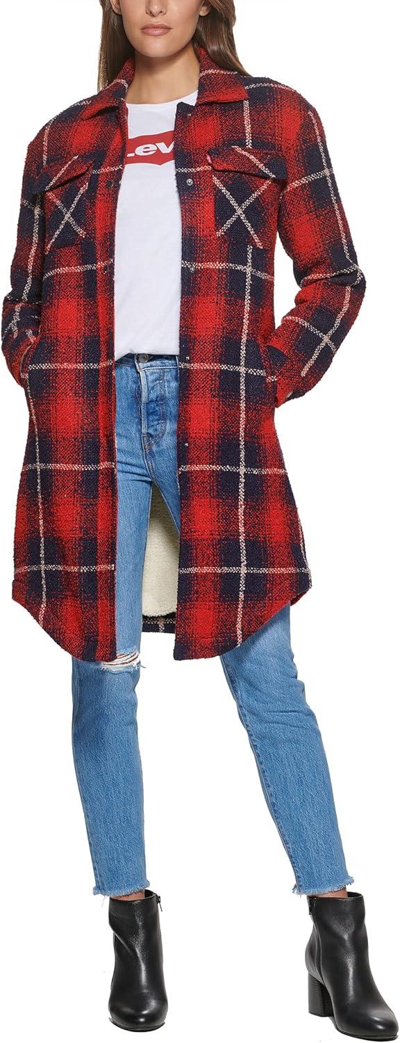 imageLevis Womens Wool Blend Sherpa Lined Long Shacket Standard ampamp Plus SizesRedNavy Ombre