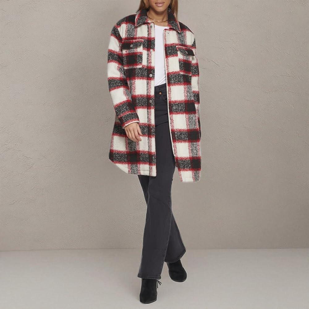 imageLevis Womens Wool Blend Sherpa Lined Long Shacket Standard ampamp Plus SizesRedWhiteBlack Plaid