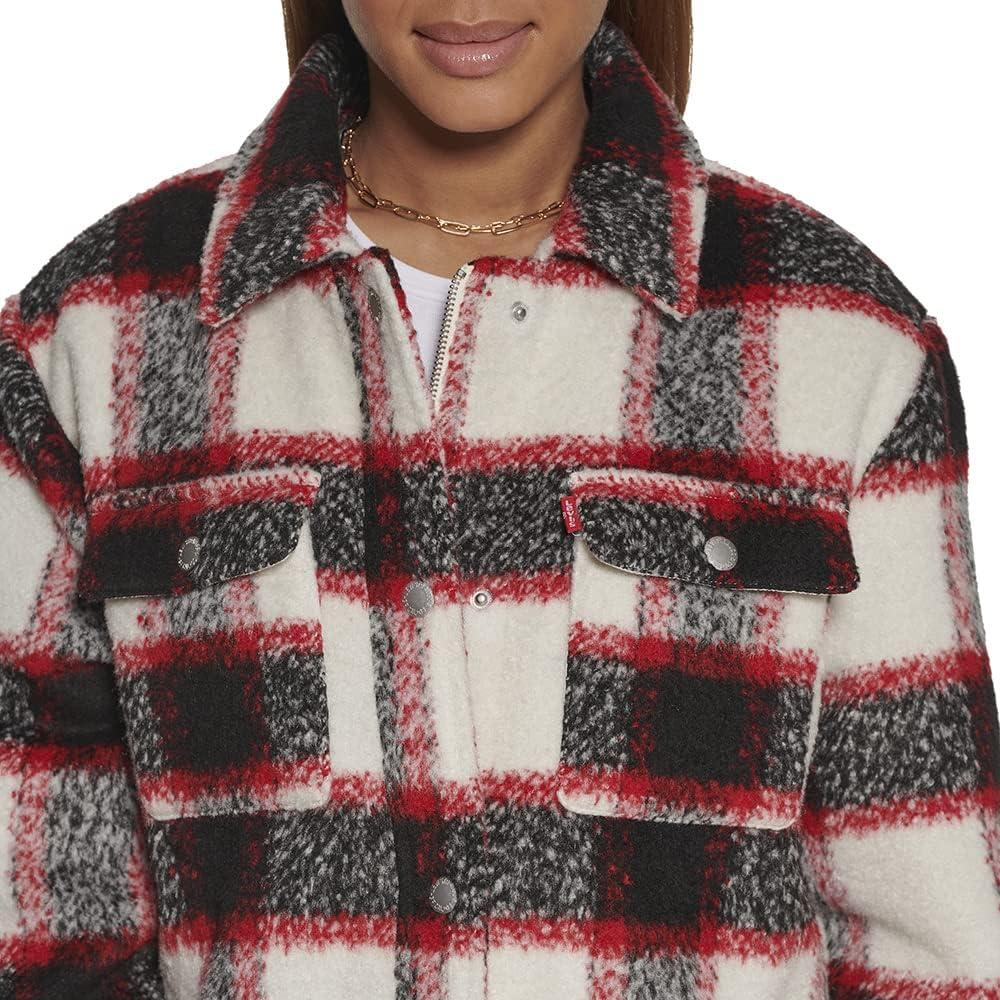 imageLevis Womens Wool Blend Sherpa Lined Long Shacket Standard ampamp Plus SizesRedWhiteBlack Plaid