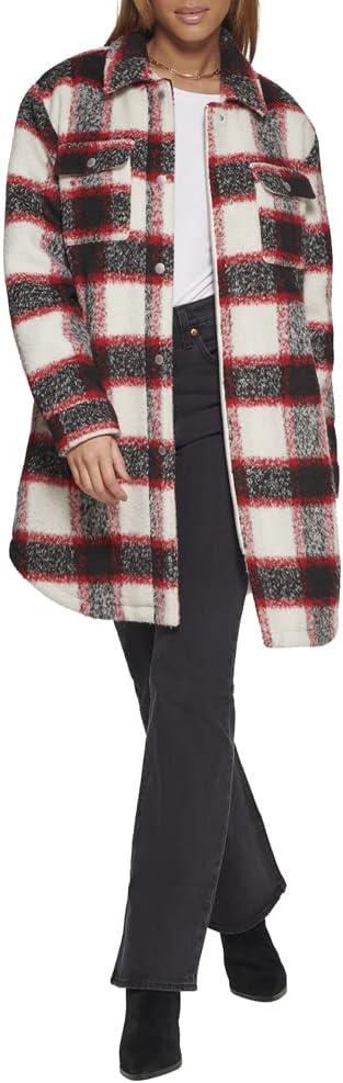 imageLevis Womens Wool Blend Sherpa Lined Long Shacket Standard ampamp Plus SizesRedWhiteBlack Plaid