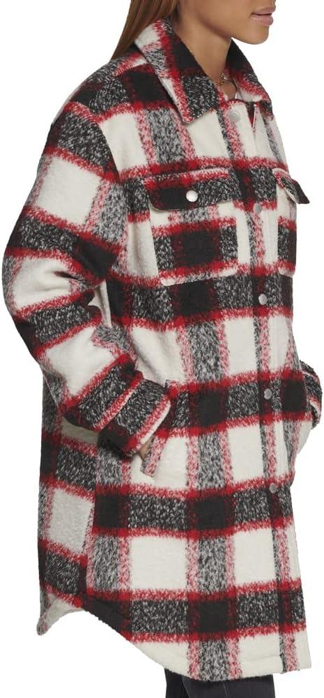 imageLevis Womens Wool Blend Sherpa Lined Long Shacket Standard ampamp Plus SizesRedWhiteBlack Plaid
