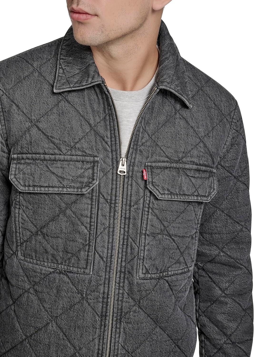 imageLevis mens 2chest Pocket Workwear ShacketBlack Wash Denim Diamond Quilt
