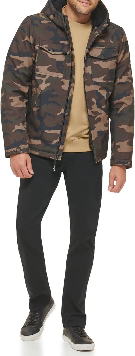 imageLevis mens Soft Shell Two Pocket Hooded Trucker JacketCamo Sherpa