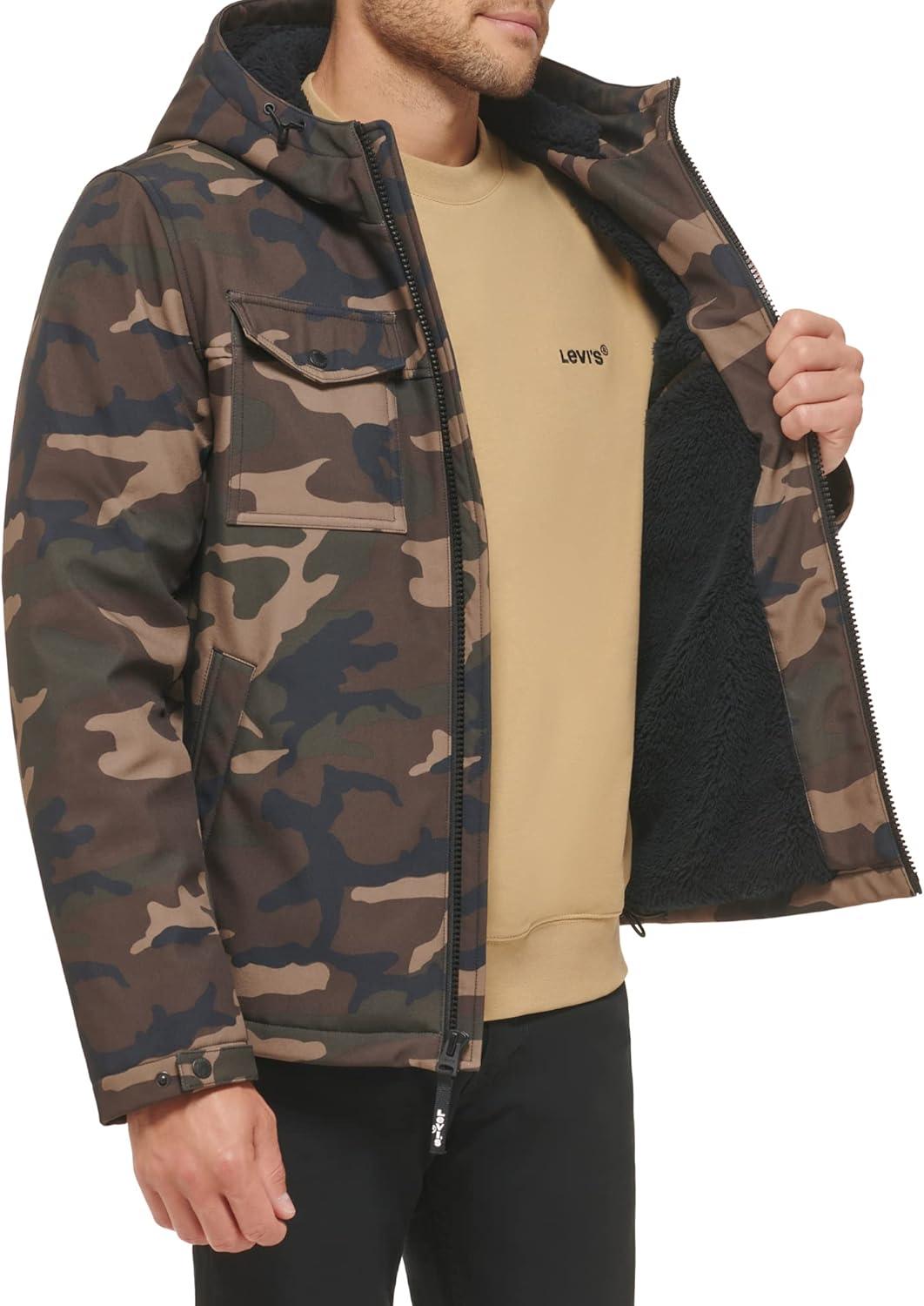 imageLevis mens Soft Shell Two Pocket Hooded Trucker JacketCamo Sherpa