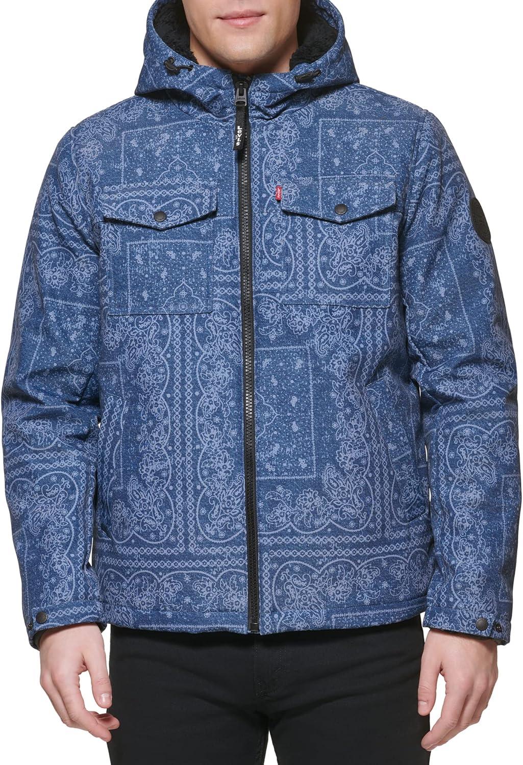 imageLevis mens Soft Shell Two Pocket Hooded Trucker JacketFaded Blue Bandana Sherpa