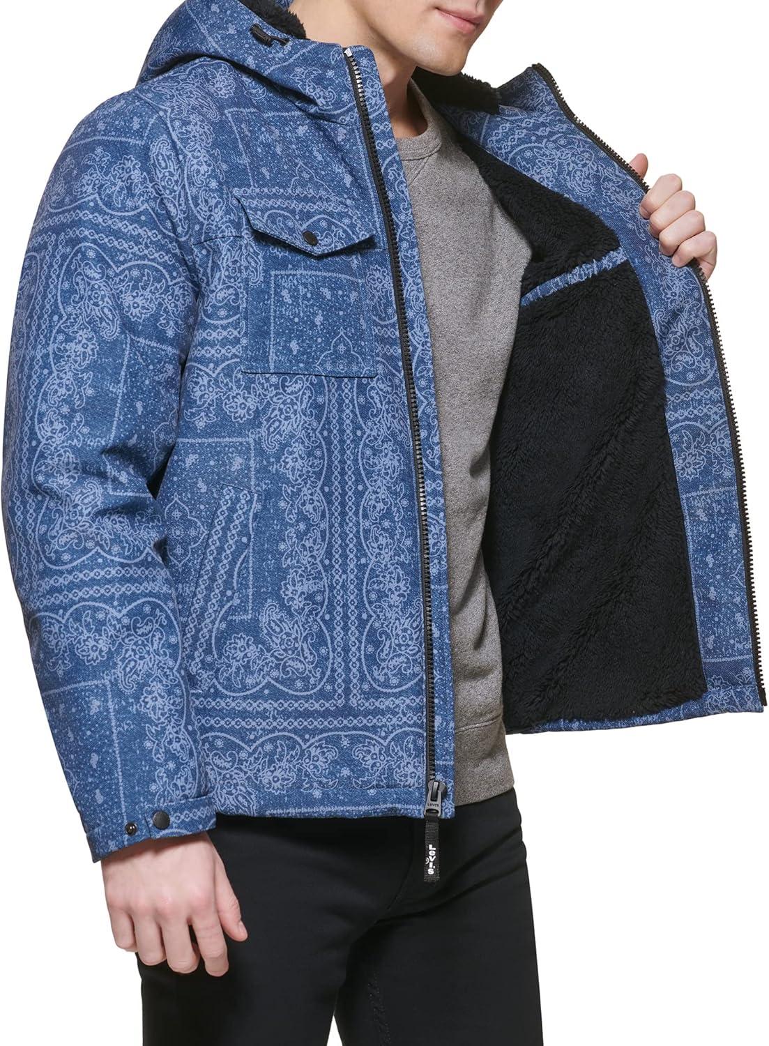 imageLevis mens Soft Shell Two Pocket Hooded Trucker JacketFaded Blue Bandana Sherpa