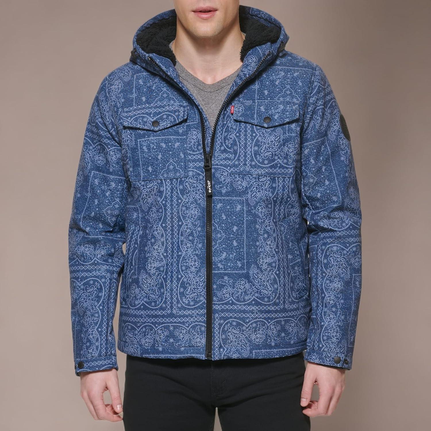 imageLevis mens Soft Shell Two Pocket Hooded Trucker JacketFaded Blue Bandana Sherpa