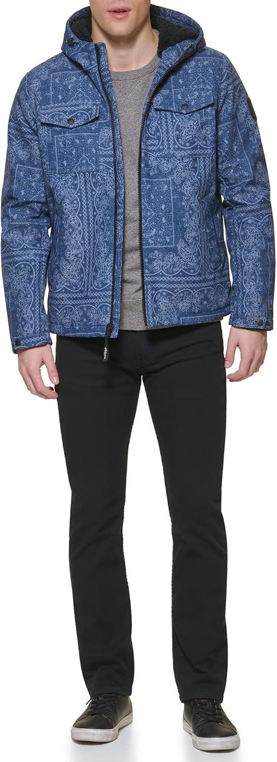 imageLevis mens Soft Shell Two Pocket Hooded Trucker JacketFaded Blue Bandana Sherpa