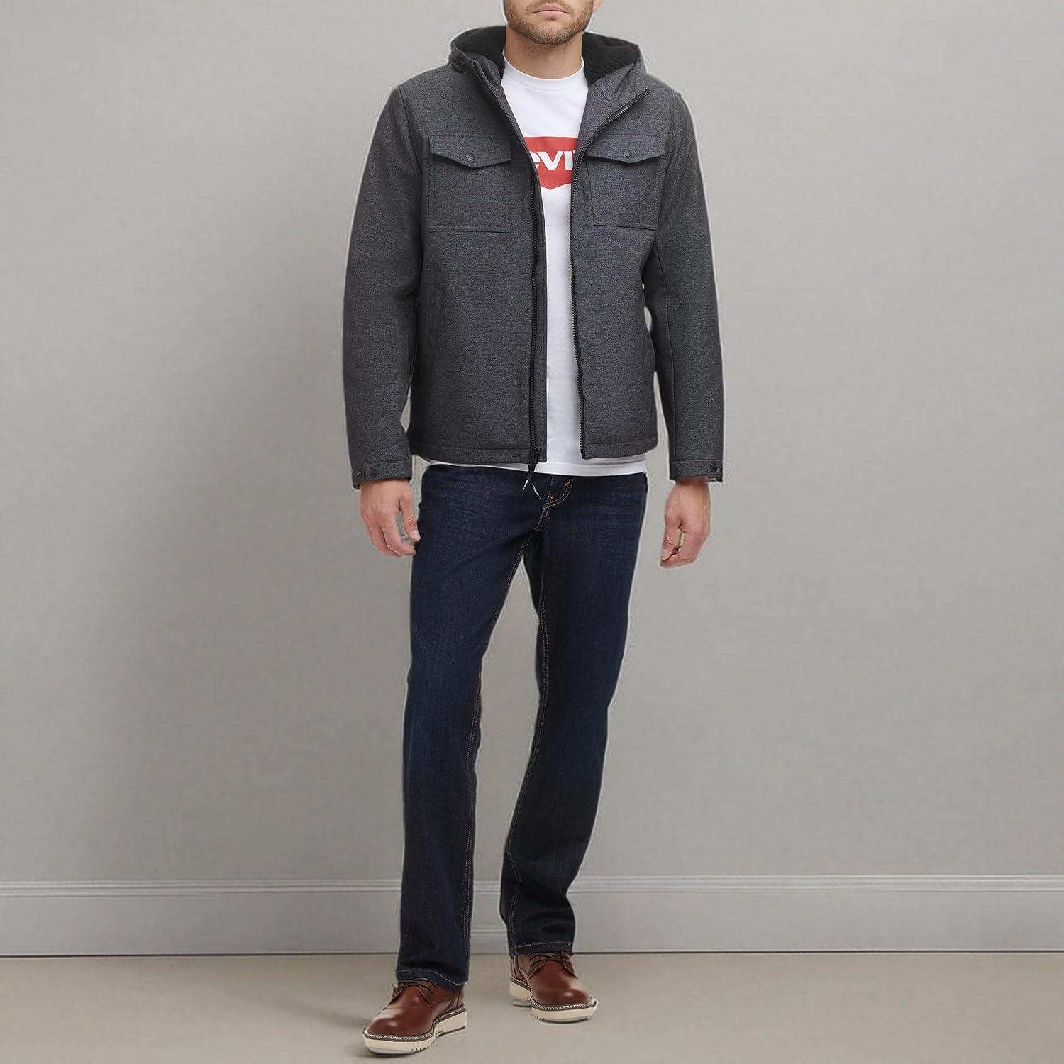 imageLevis mens Soft Shell Two Pocket Hooded Trucker JacketGraphite Heather Sherpa