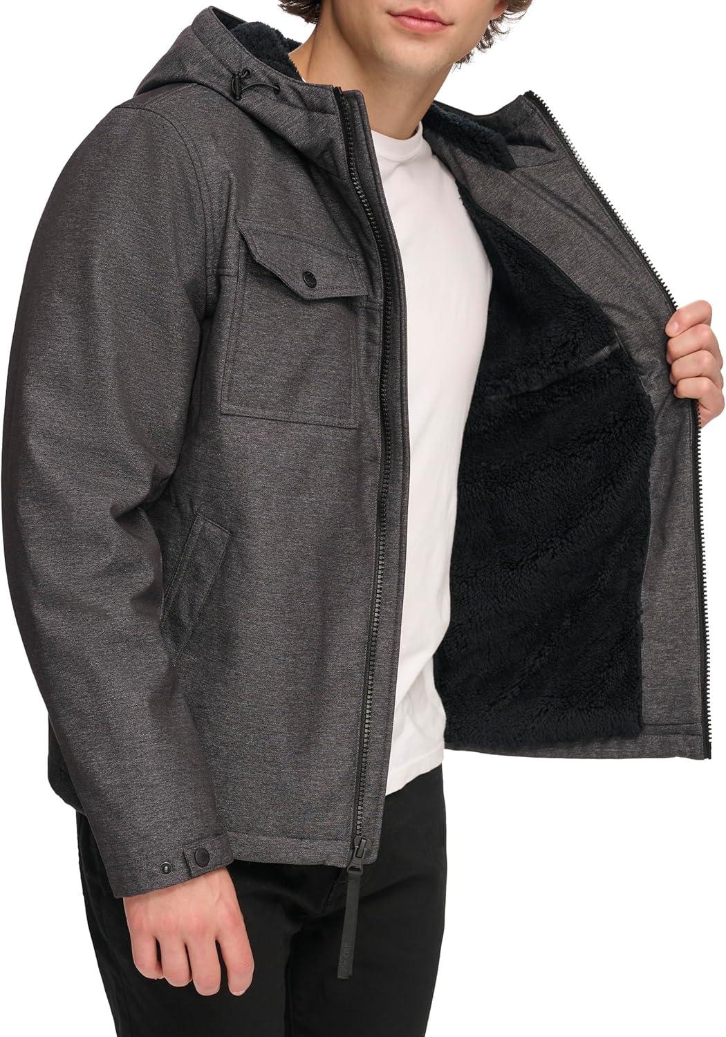 imageLevis mens Soft Shell Two Pocket Hooded Trucker JacketGraphite Heather Sherpa