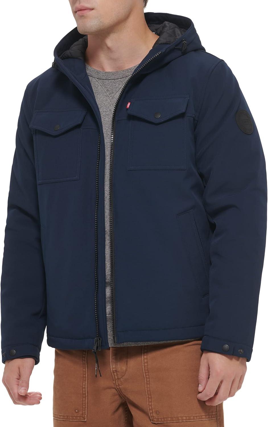 imageLevis mens Soft Shell Two Pocket Hooded Trucker JacketMidnight