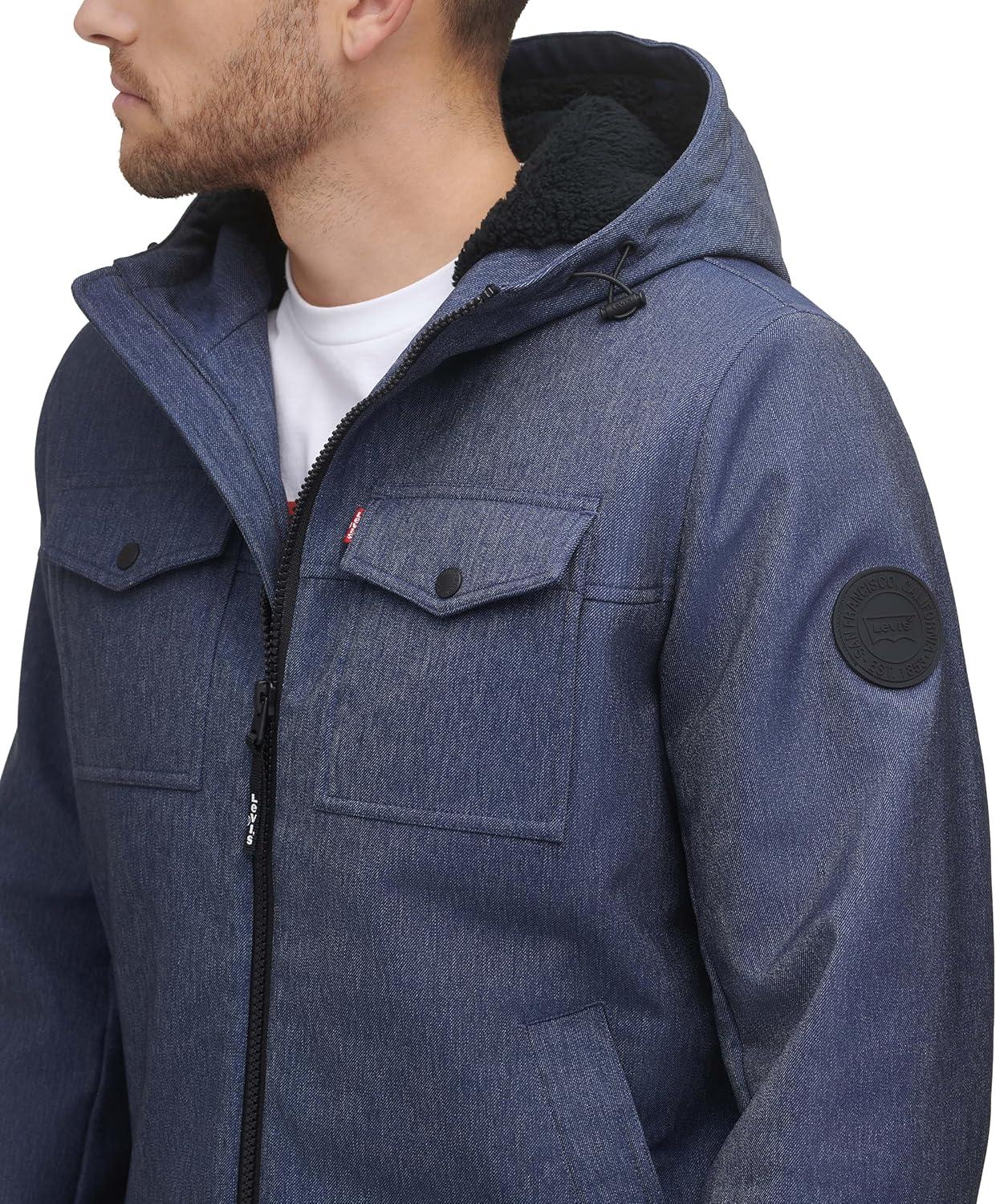 imageLevis mens Soft Shell Two Pocket Hooded Trucker JacketMidnight Heather Sherpa