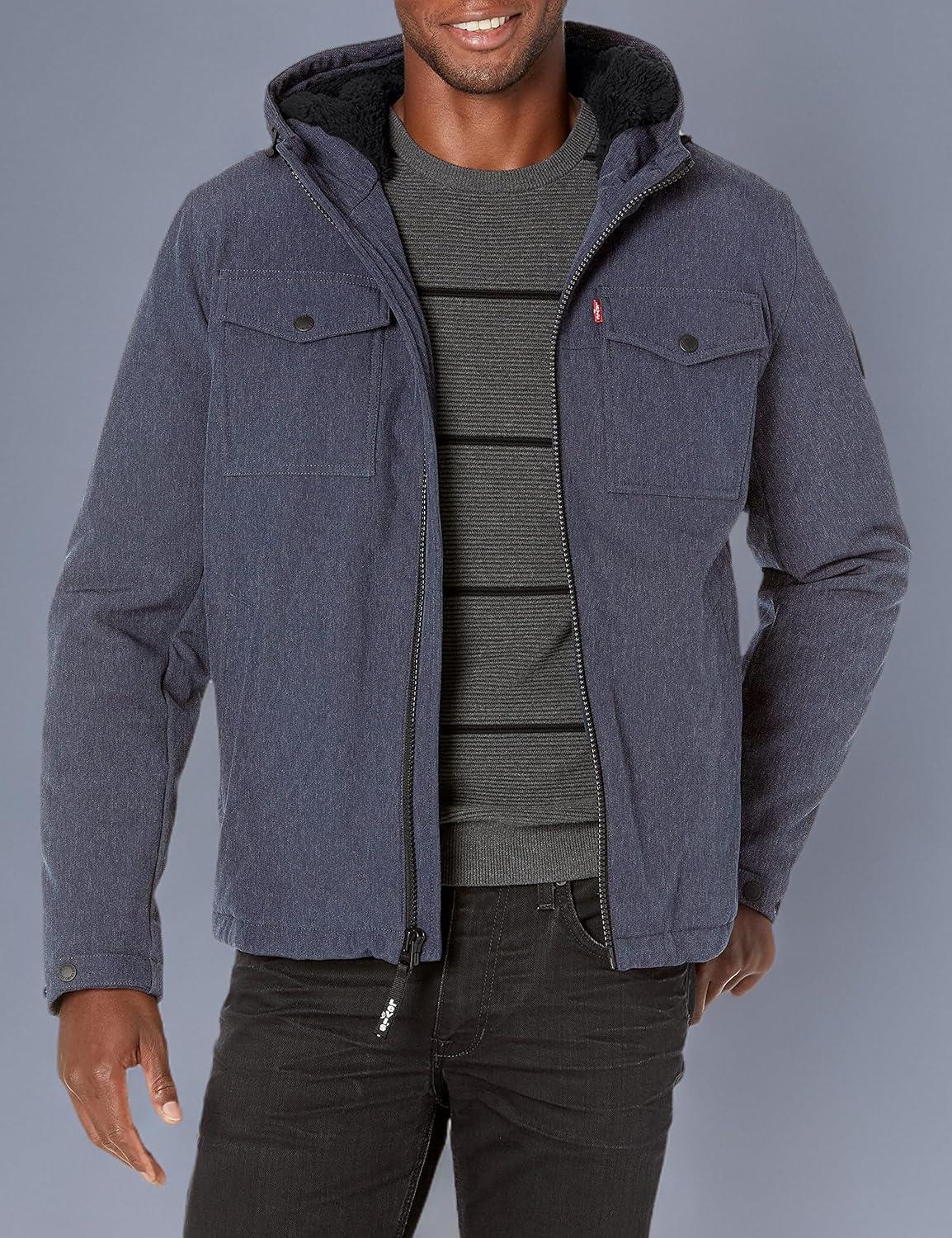 imageLevis mens Soft Shell Two Pocket Hooded Trucker JacketMidnight Heather Sherpa