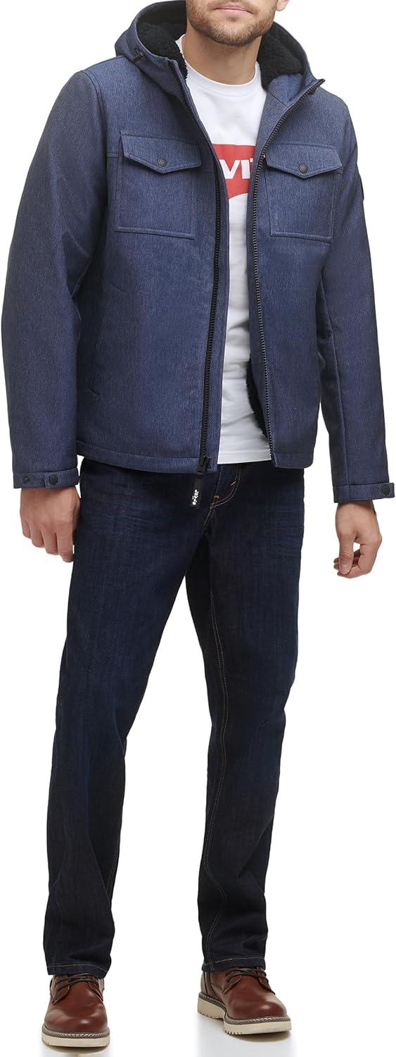 imageLevis mens Soft Shell Two Pocket Hooded Trucker JacketMidnight Heather Sherpa