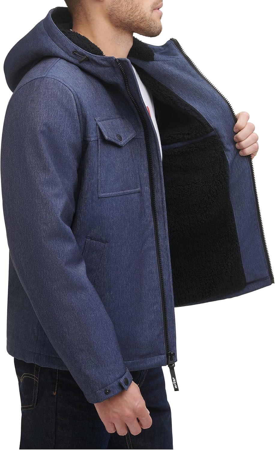 imageLevis mens Soft Shell Two Pocket Hooded Trucker JacketMidnight Heather Sherpa