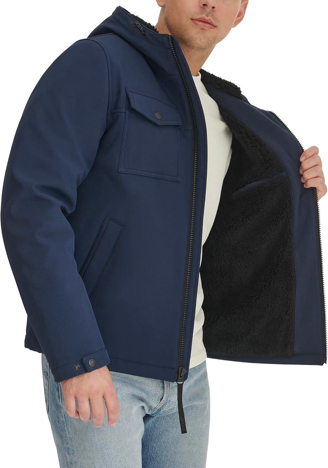 imageLevis mens Soft Shell Two Pocket Hooded Trucker JacketMidnight Sherpa