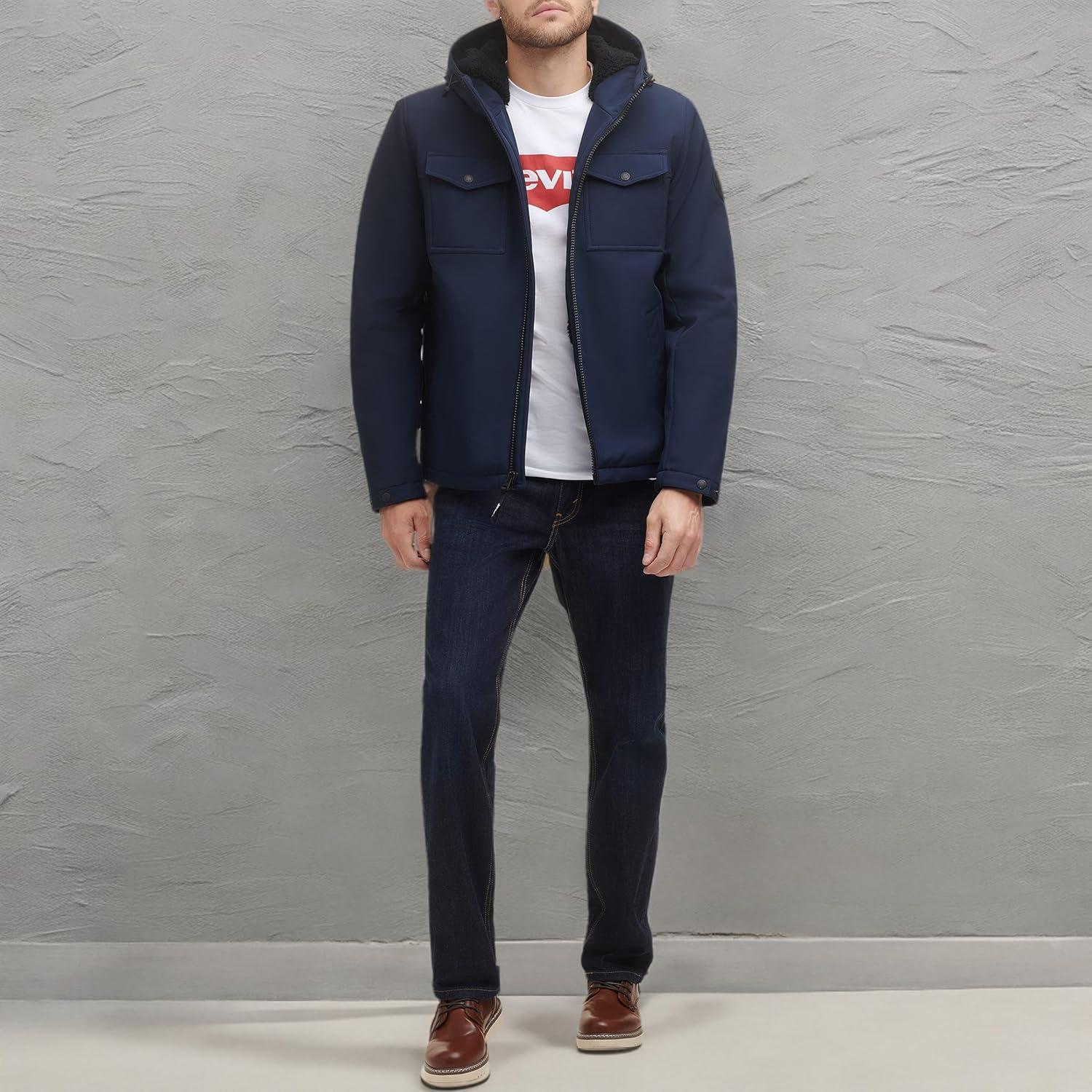 imageLevis mens Soft Shell Two Pocket Hooded Trucker JacketMidnight Sherpa