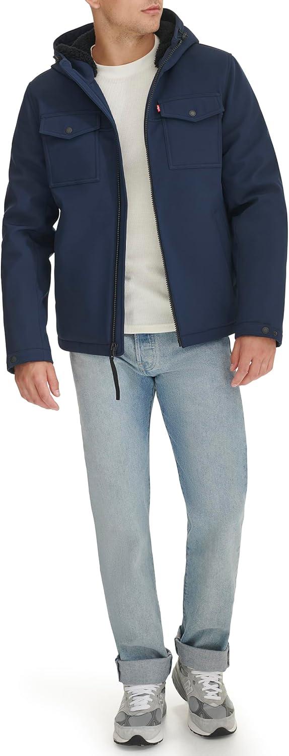 imageLevis mens Soft Shell Two Pocket Hooded Trucker JacketMidnight Sherpa