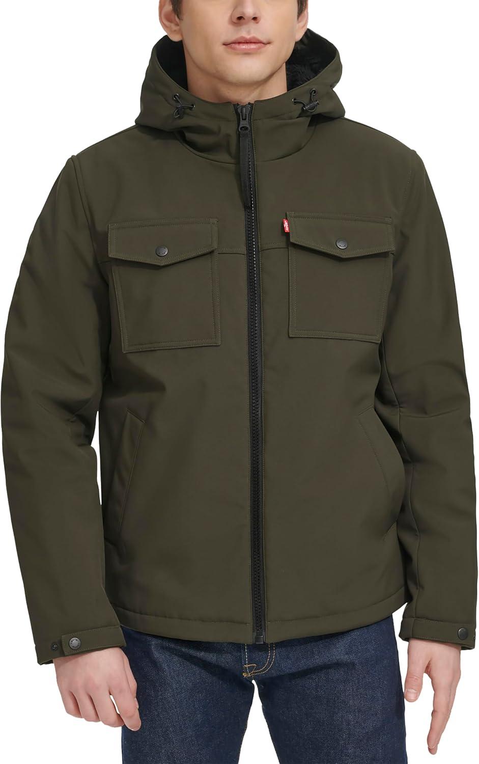 imageLevis mens Soft Shell Two Pocket Hooded Trucker JacketOlive Sherpa