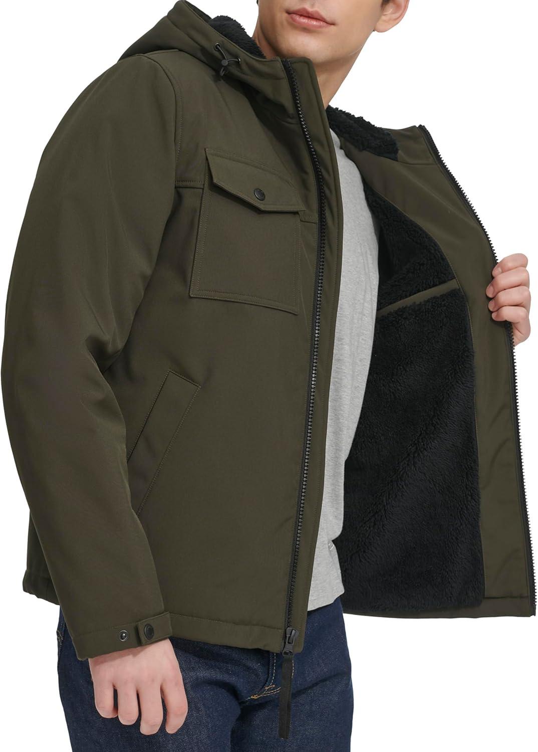 imageLevis mens Soft Shell Two Pocket Hooded Trucker JacketOlive Sherpa