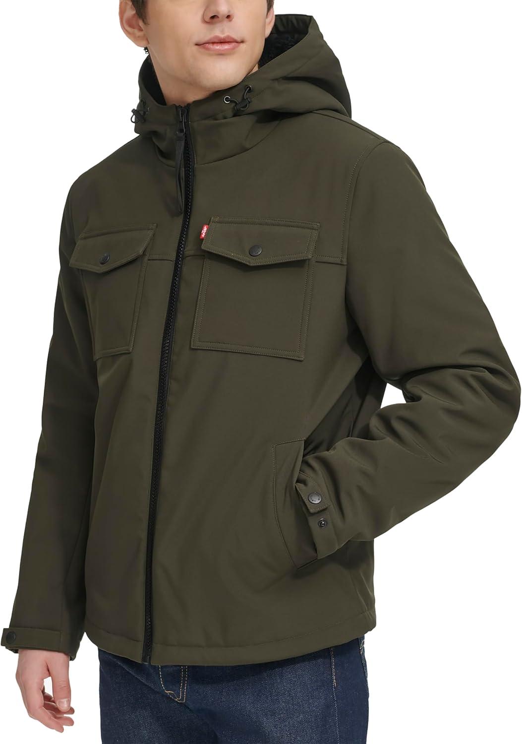 imageLevis mens Soft Shell Two Pocket Hooded Trucker JacketOlive Sherpa
