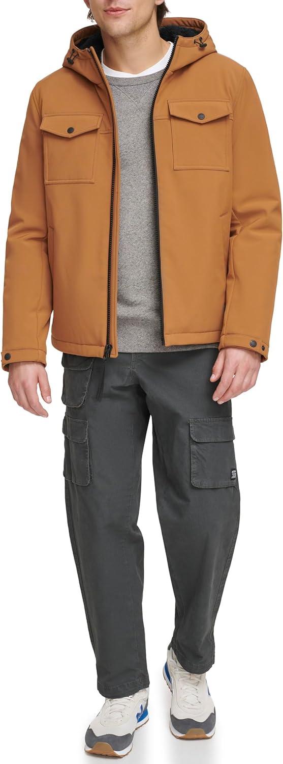 imageLevis mens Soft Shell Two Pocket Hooded Trucker JacketWorker Brown Sherpa