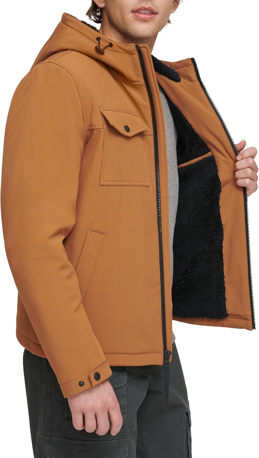 imageLevis mens Soft Shell Two Pocket Hooded Trucker JacketWorker Brown Sherpa