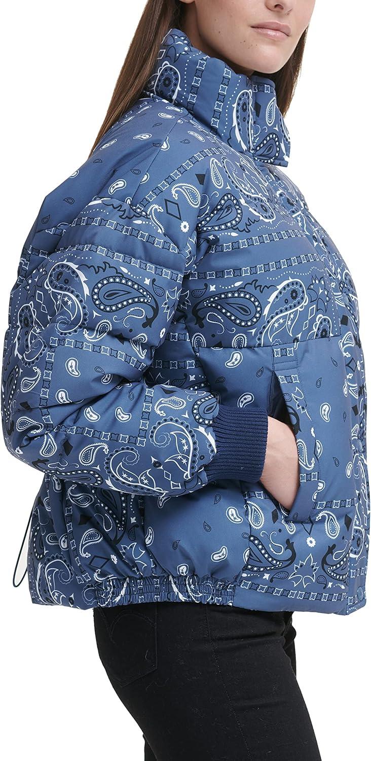 imageLevis womens Cinch Waist Puffer JacketBlue Bandana Print