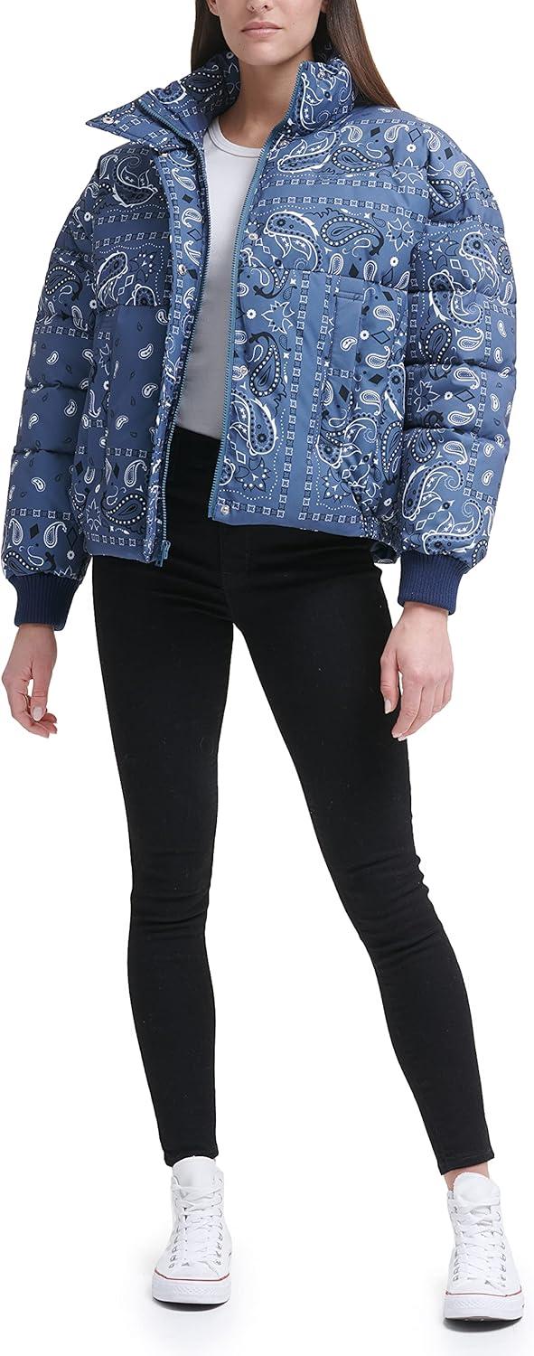 imageLevis womens Cinch Waist Puffer JacketBlue Bandana Print