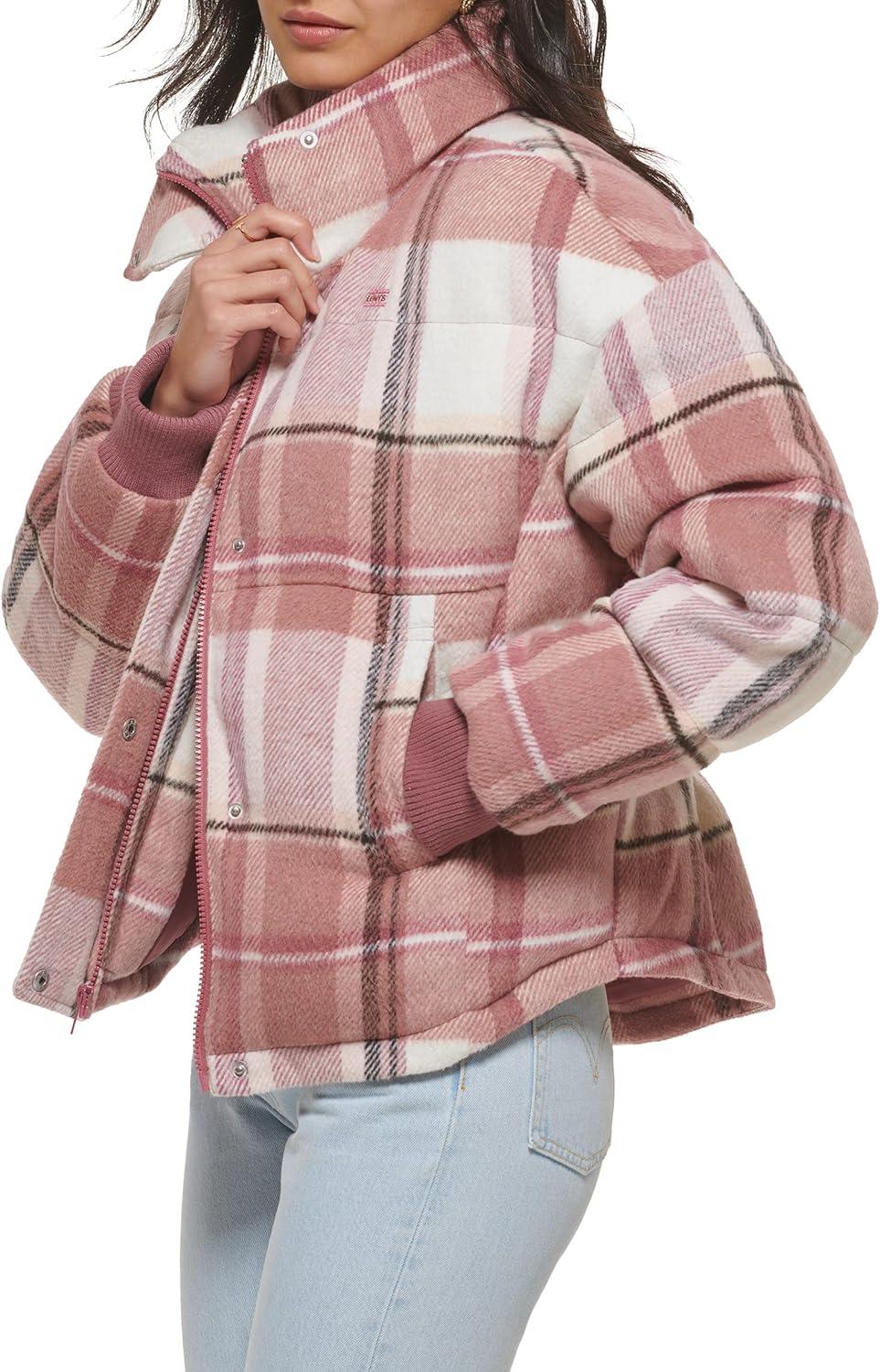 imageLevis womens Cinch Waist Puffer JacketCameo Pink Wool Plaid