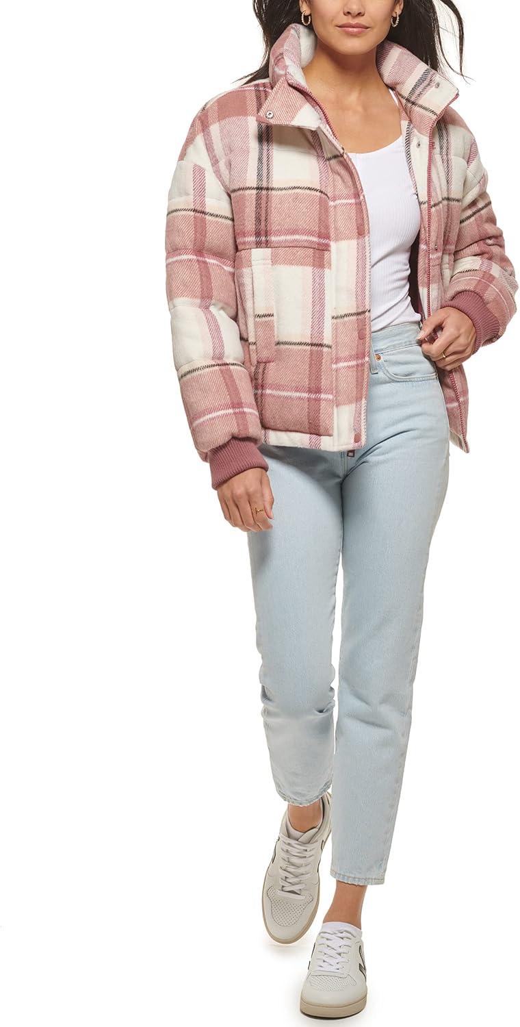 imageLevis womens Cinch Waist Puffer JacketCameo Pink Wool Plaid