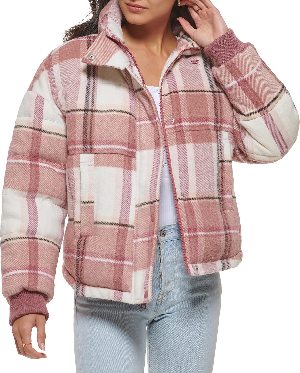 imageLevis womens Cinch Waist Puffer JacketCameo Pink Wool Plaid