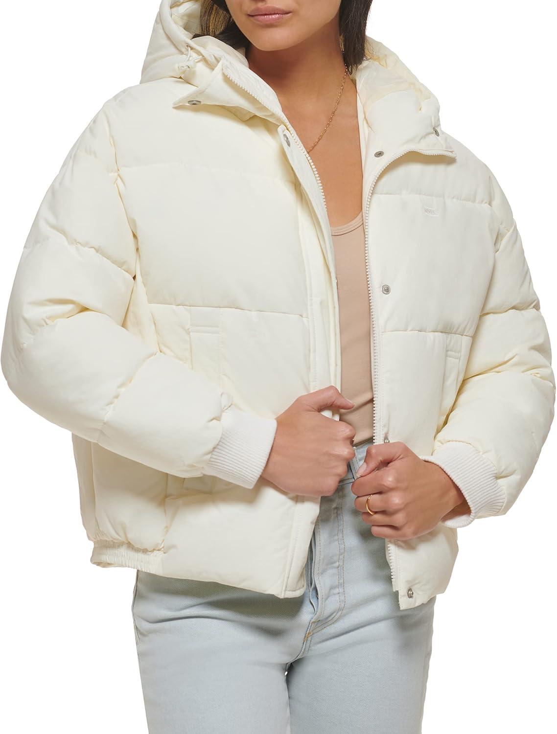 imageLevis womens Cinch Waist Puffer JacketCream With Hood